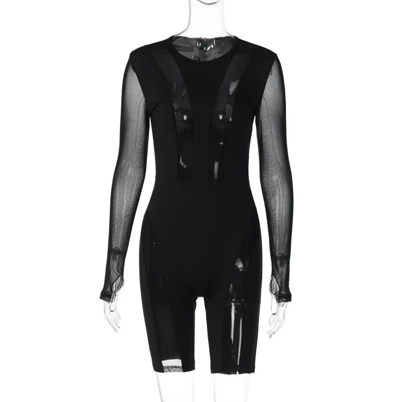 Women’s Sexy Sheer Mesh Long Sleeve Bodysuit – Clubwear Bodycon Romper