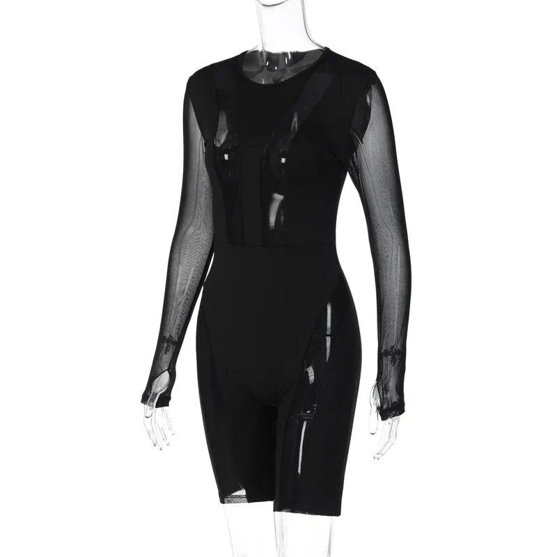 Women’s Sexy Sheer Mesh Long Sleeve Bodysuit – Clubwear Bodycon Romper