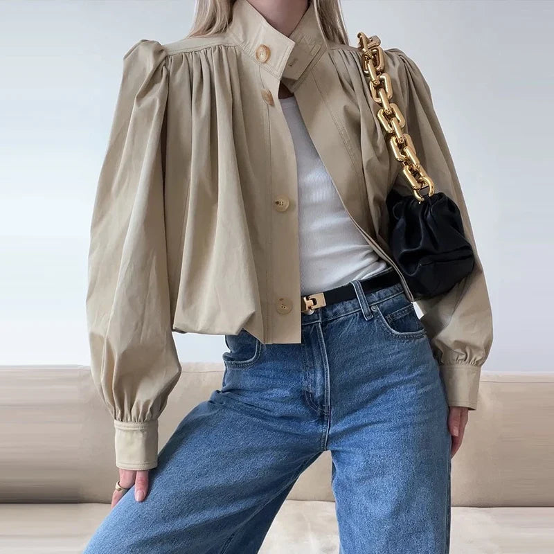 Puff Sleeve Cropped Bomber Jacket for Women