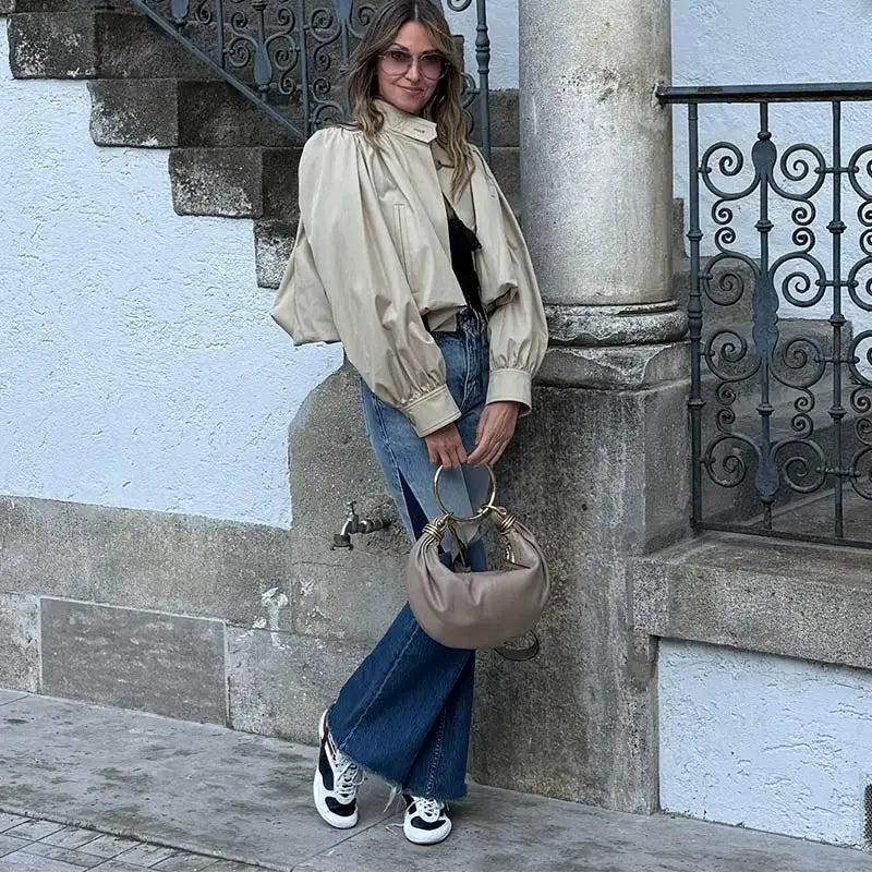 Puff Sleeve Cropped Bomber Jacket for Women