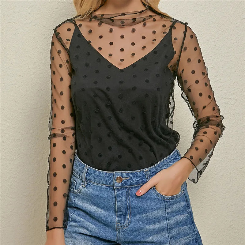 Sheer Lace Mesh Long Sleeve Top