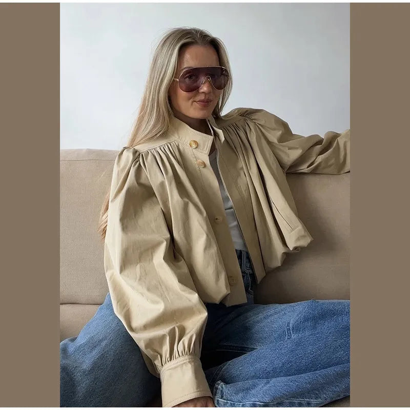 Puff Sleeve Cropped Bomber Jacket for Women