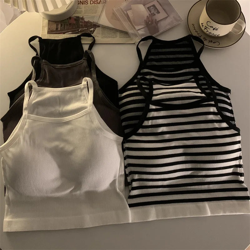 Korean Style Padded Striped Crop Tank Top