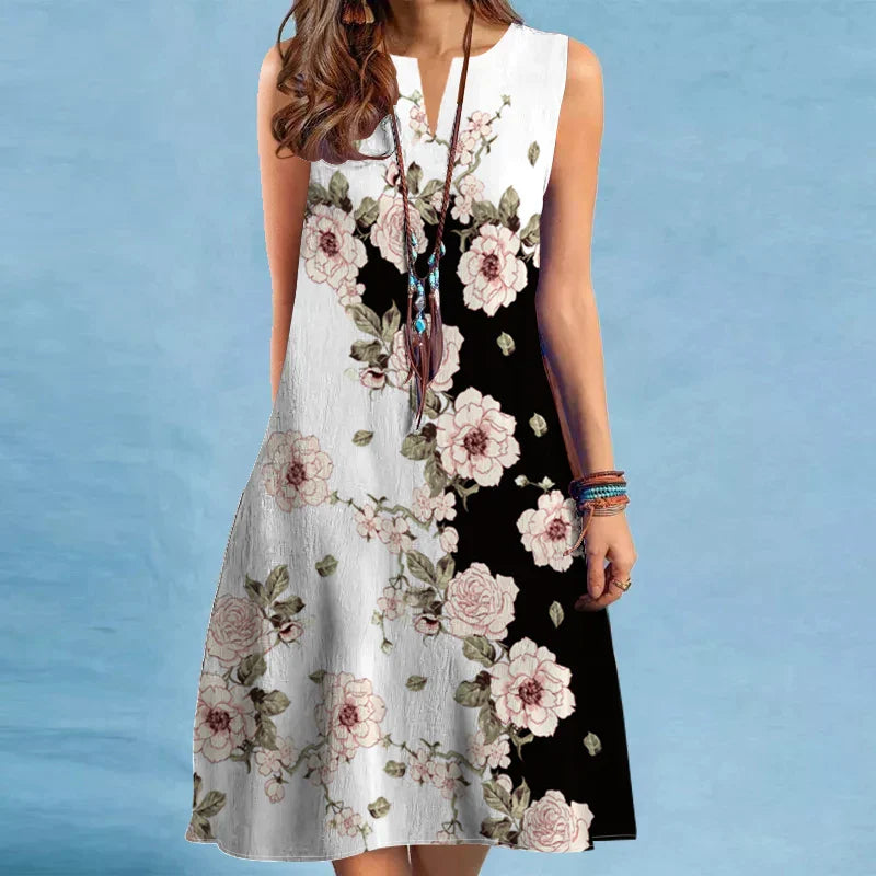 V-Neck Sleeveless Hem Print Dress