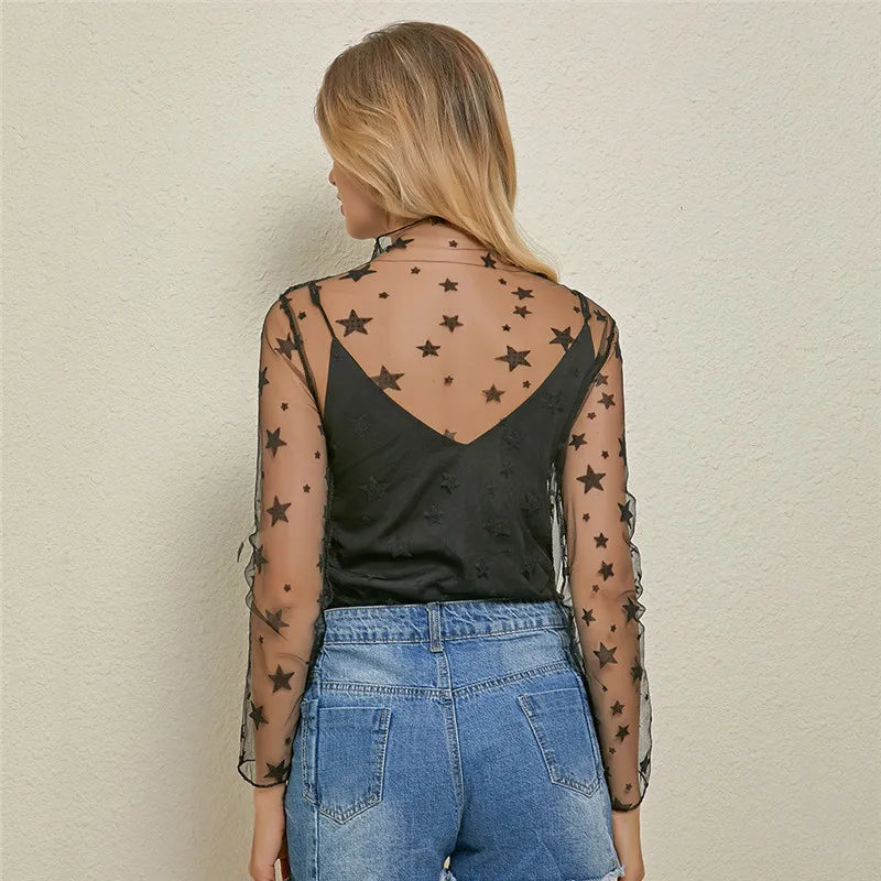 Sheer Lace Mesh Long Sleeve Top