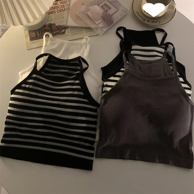Korean Style Padded Striped Crop Tank Top