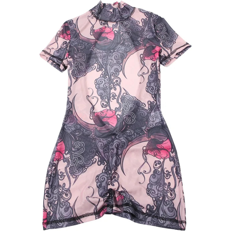 Women’s Sheer Print Mesh Backless Romper – Summer Night Out