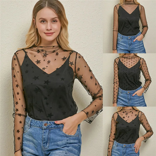 Sheer Lace Mesh Long Sleeve Top