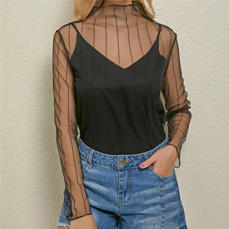 Sheer Lace Mesh Long Sleeve Top