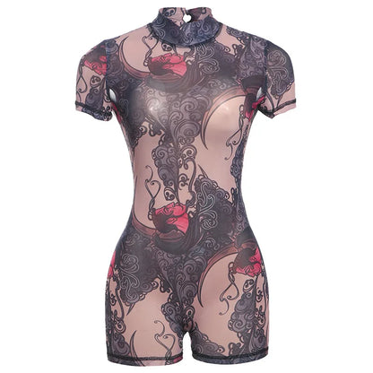 Women’s Sheer Print Mesh Backless Romper – Summer Night Out