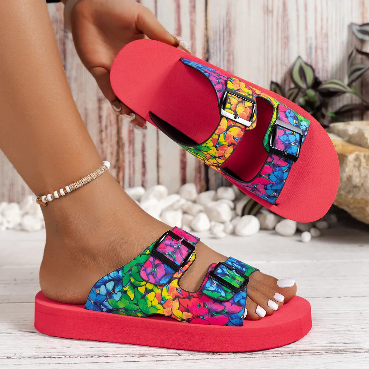 Women’s Mixed Color Buckle Slippers