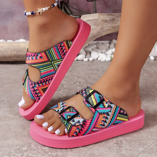 Women’s Mixed Color Buckle Slippers
