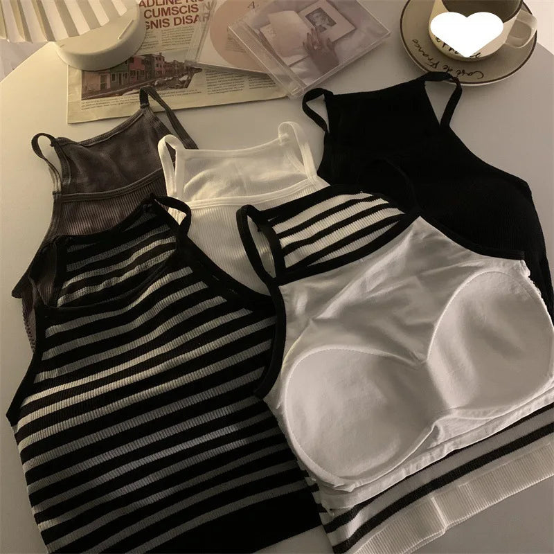 Korean Style Padded Striped Crop Tank Top