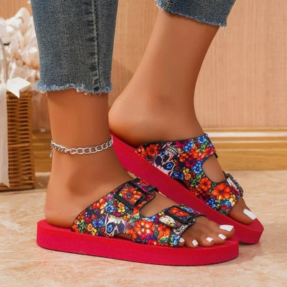 Women’s Mixed Color Buckle Slippers