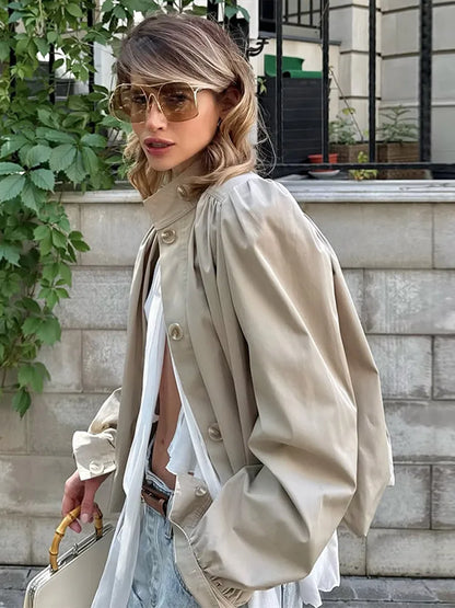 Puff Sleeve Cropped Bomber Jacket for Women