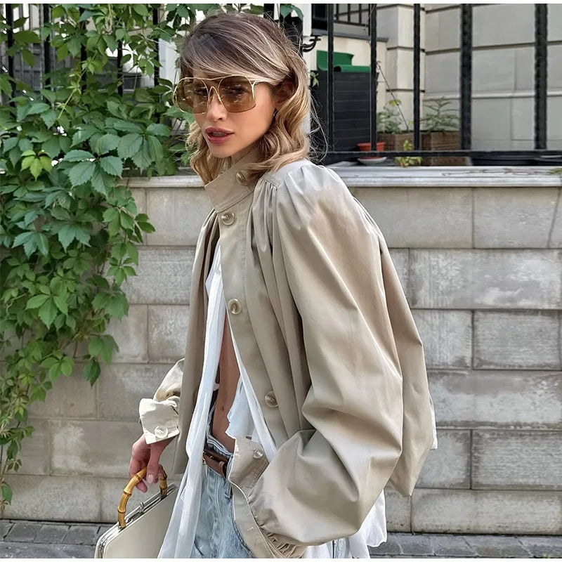 Puff Sleeve Cropped Bomber Jacket for Women