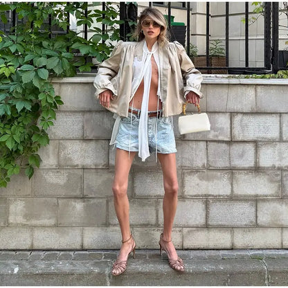 Puff Sleeve Cropped Bomber Jacket for Women