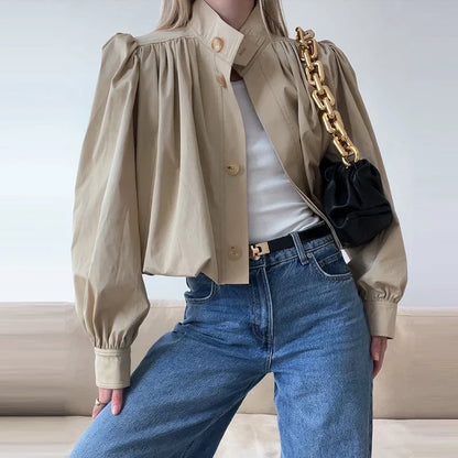 Puff Sleeve Cropped Bomber Jacket for Women