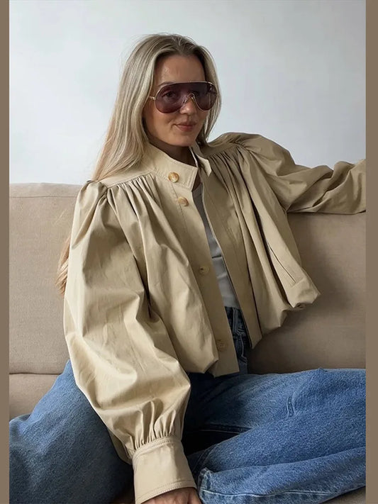 Puff Sleeve Cropped Bomber Jacket for Women