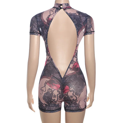 Women’s Sheer Print Mesh Backless Romper – Summer Night Out