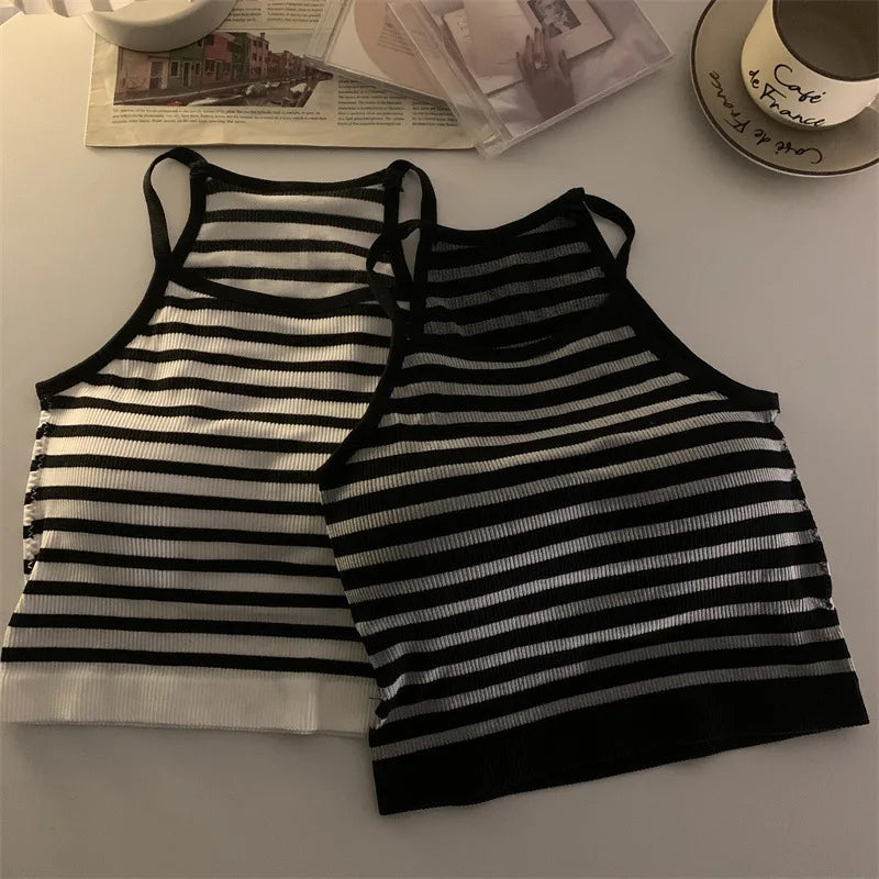 Korean Style Padded Striped Crop Tank Top