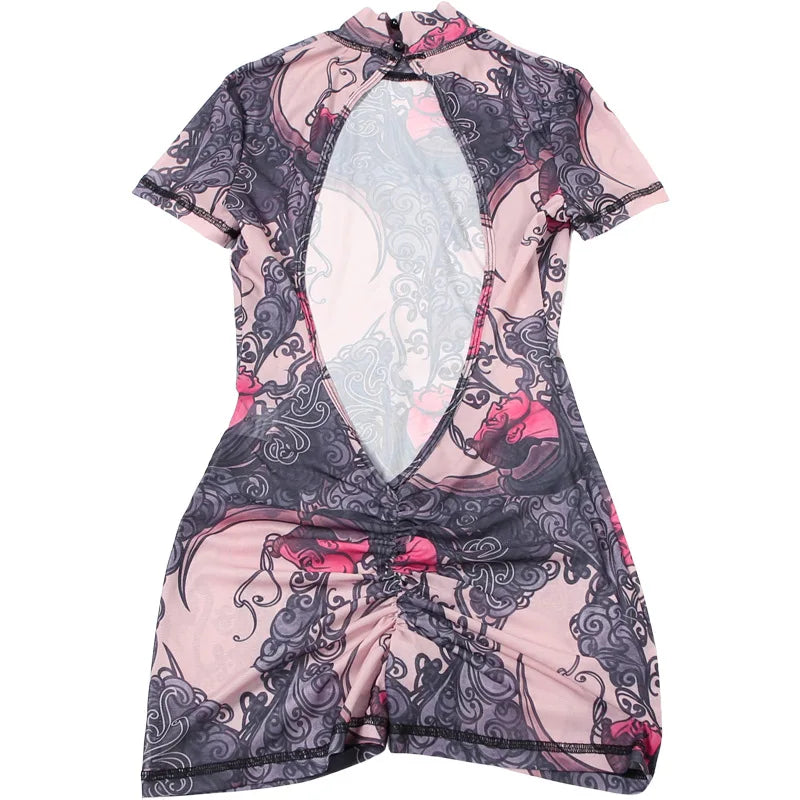 Women’s Sheer Print Mesh Backless Romper – Summer Night Out
