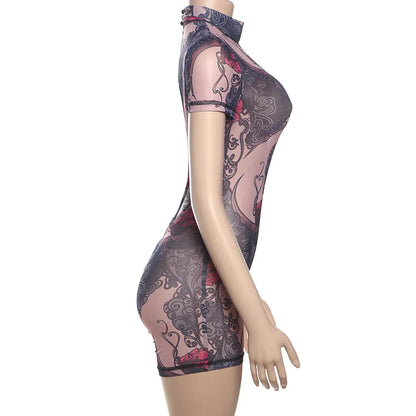 Women’s Sheer Print Mesh Backless Romper – Summer Night Out