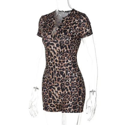 Women's Leopard Print V-Neck Short Sleeve Jumpsuit – Summer 2024