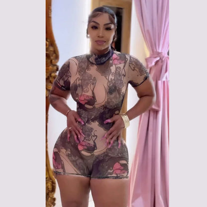Women’s Sheer Print Mesh Backless Romper – Summer Night Out