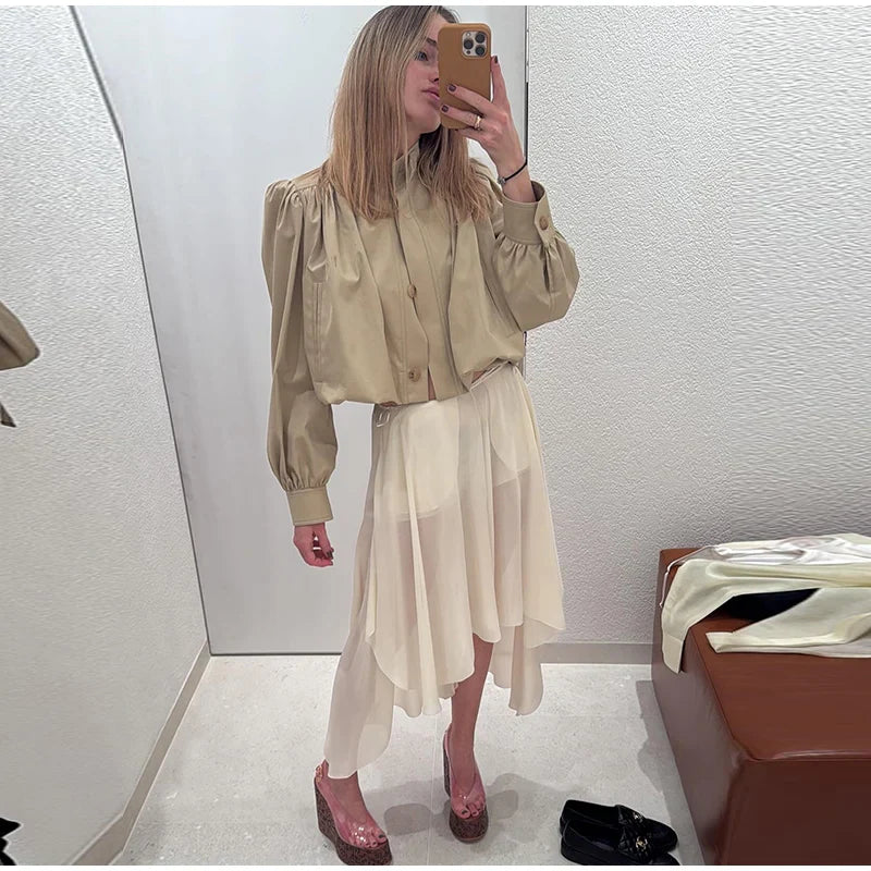 Puff Sleeve Cropped Bomber Jacket for Women