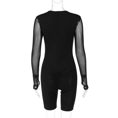 Women’s Sexy Sheer Mesh Long Sleeve Bodysuit – Clubwear Bodycon Romper