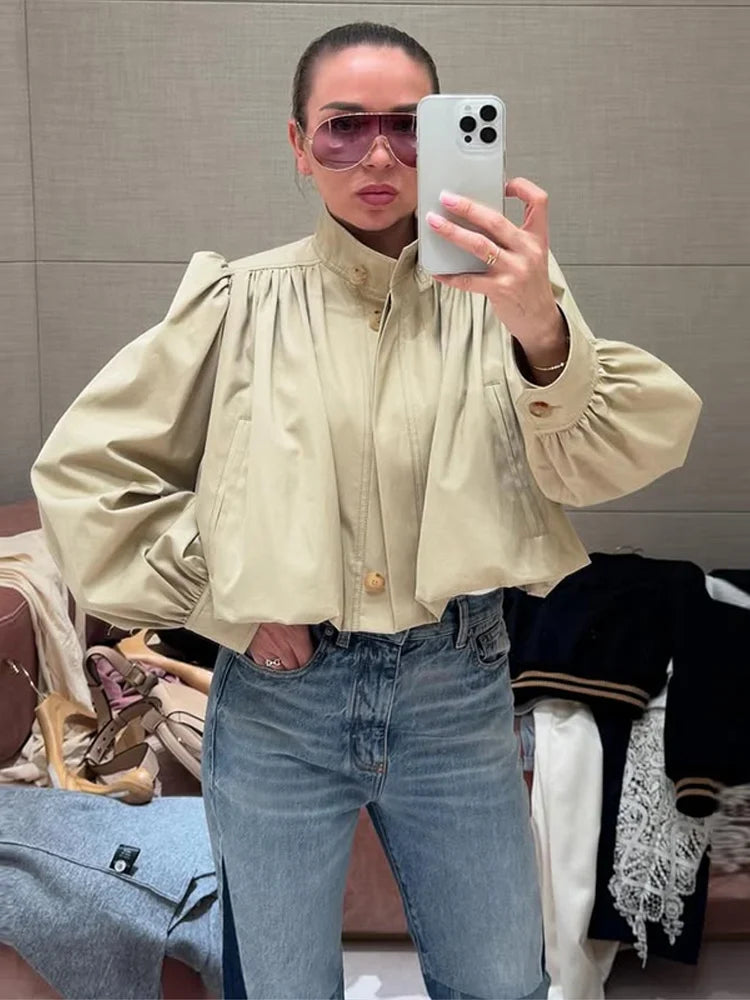 Puff Sleeve Cropped Bomber Jacket for Women