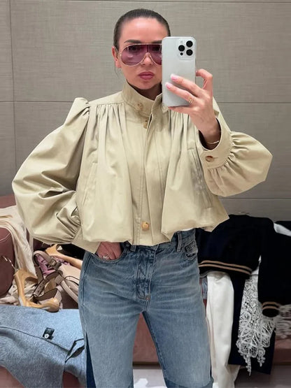 Puff Sleeve Cropped Bomber Jacket for Women