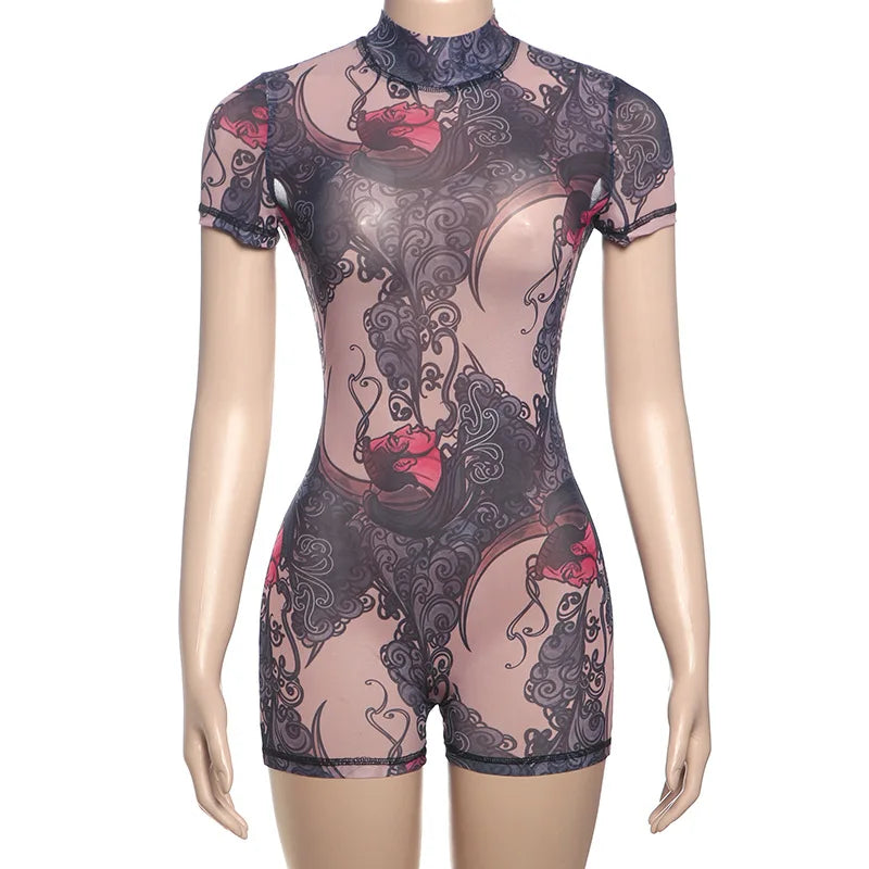 Women’s Sheer Print Mesh Backless Romper – Summer Night Out