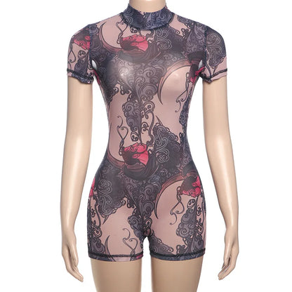 Women’s Sheer Print Mesh Backless Romper – Summer Night Out