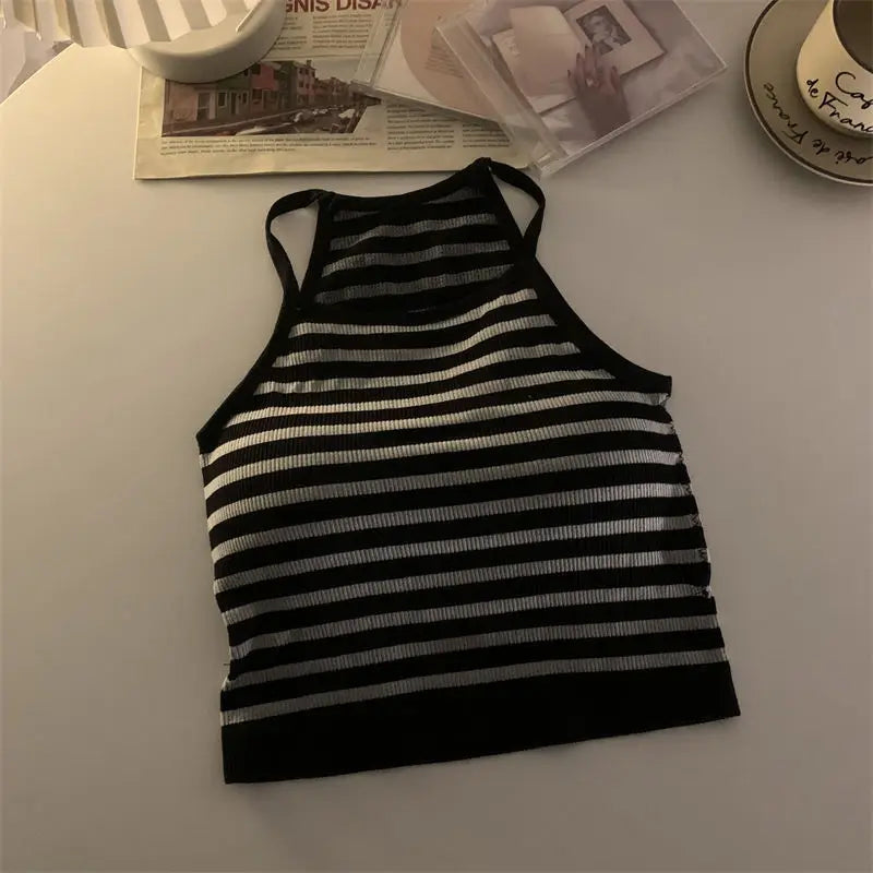 Korean Style Padded Striped Crop Tank Top