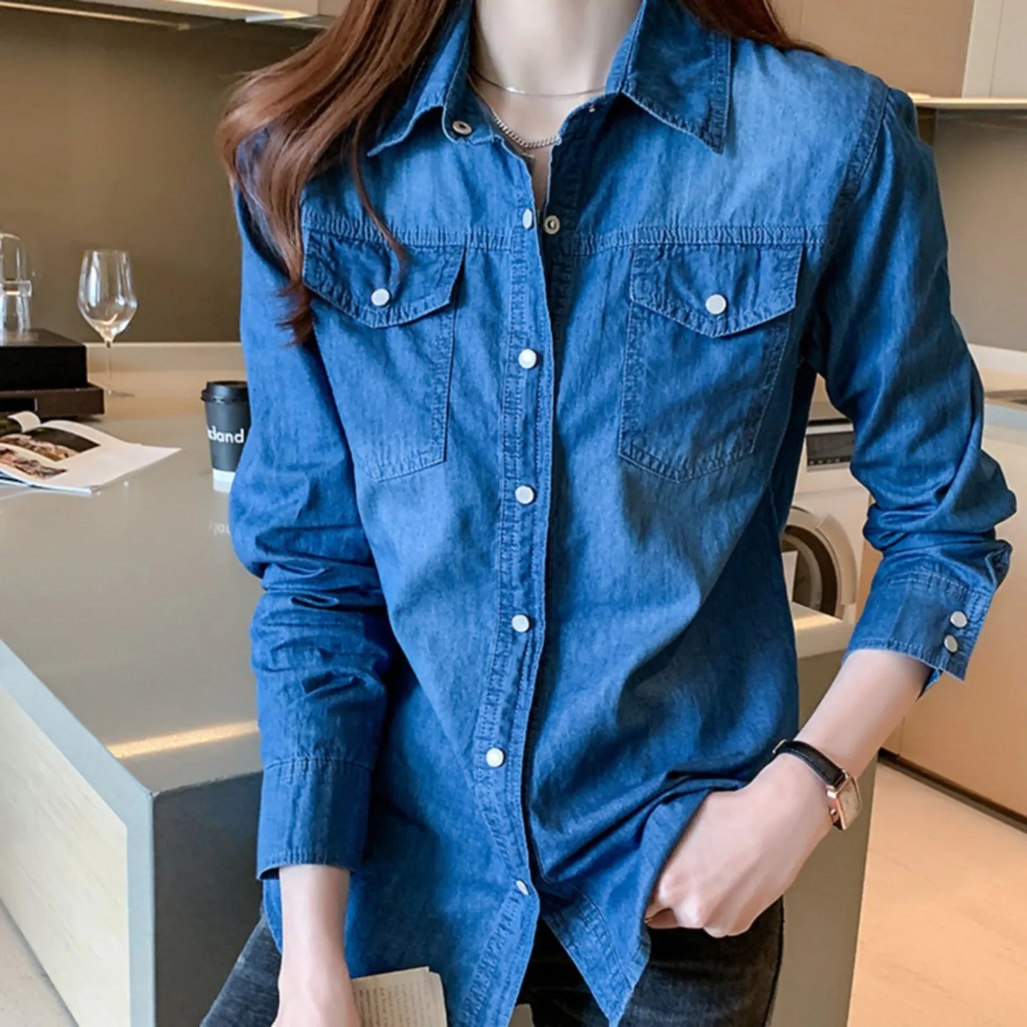 Lapel Cotton Denim Top