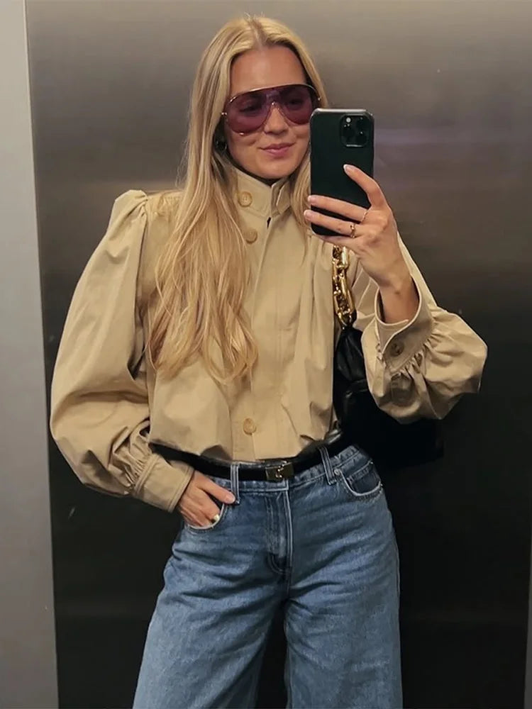Puff Sleeve Cropped Bomber Jacket for Women