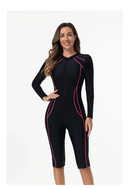 Women's One-Piece Swimsuit with Sleeves – Sport Style Solid Swimwear