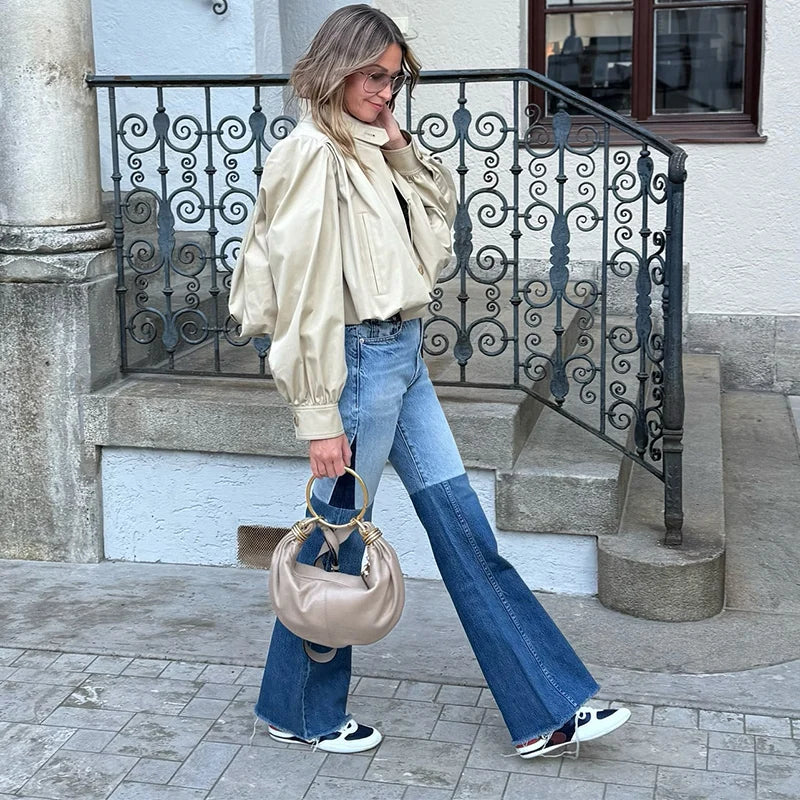Puff Sleeve Cropped Bomber Jacket for Women