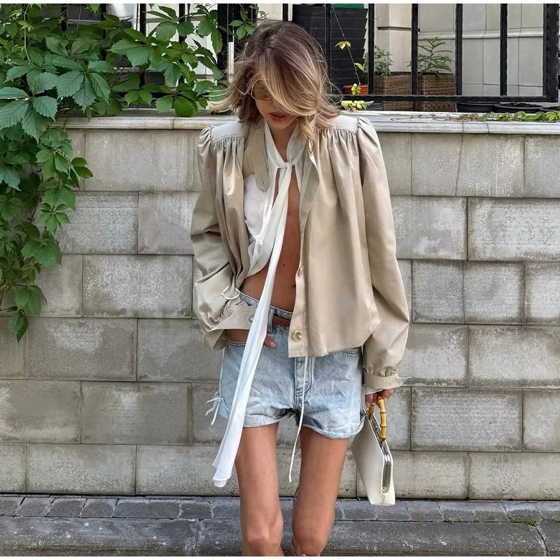 Puff Sleeve Cropped Bomber Jacket for Women