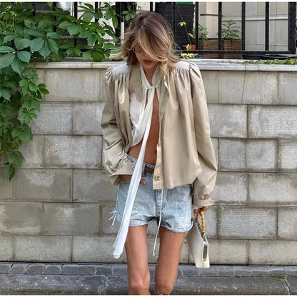 Puff Sleeve Cropped Bomber Jacket for Women