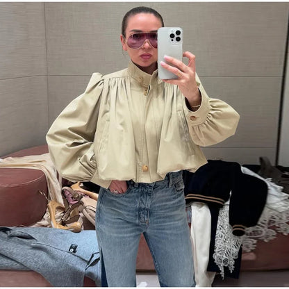 Puff Sleeve Cropped Bomber Jacket for Women
