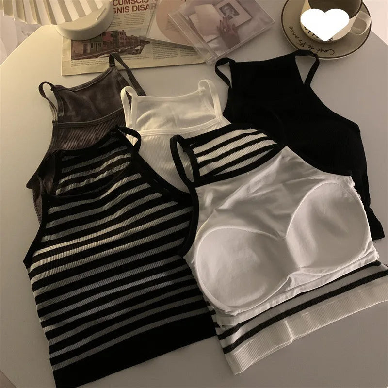 Korean Style Padded Striped Crop Tank Top
