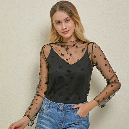 Sheer Lace Mesh Long Sleeve Top