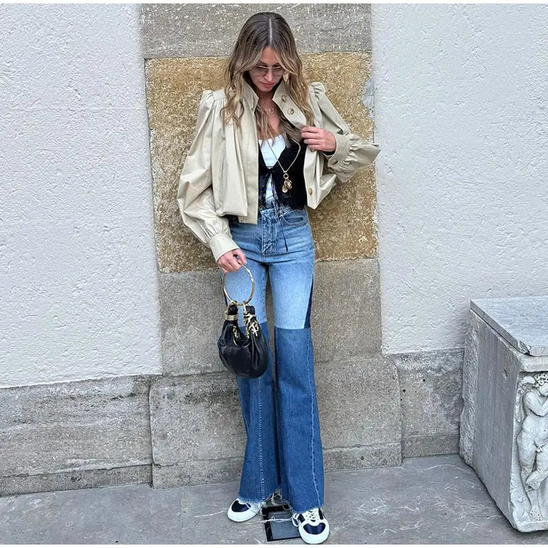 Puff Sleeve Cropped Bomber Jacket for Women