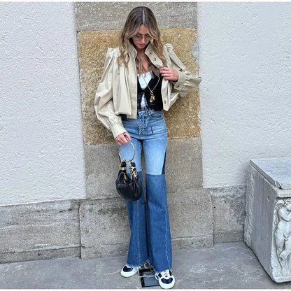 Puff Sleeve Cropped Bomber Jacket for Women