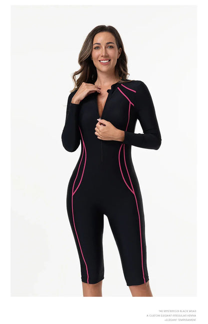 Women's One-Piece Swimsuit with Sleeves – Sport Style Solid Swimwear