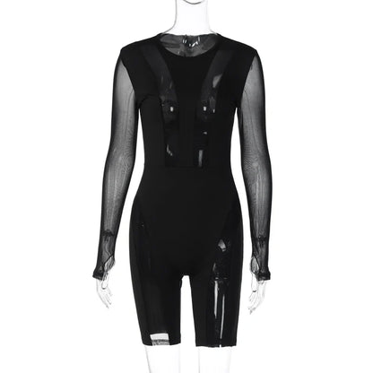 Women’s Sexy Sheer Mesh Long Sleeve Bodysuit – Clubwear Bodycon Romper