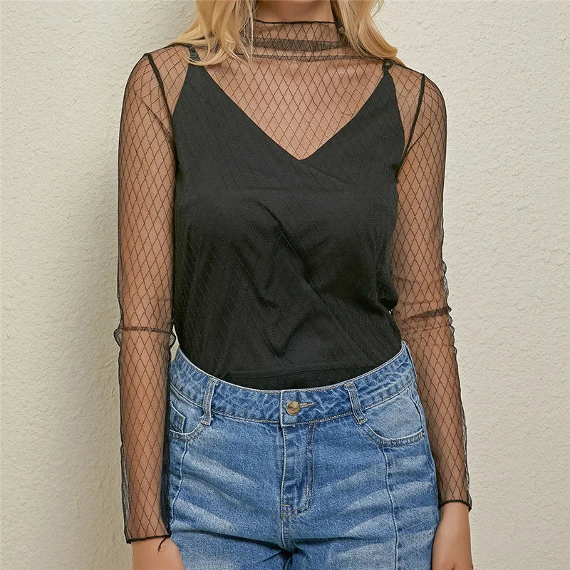 Sheer Lace Mesh Long Sleeve Top